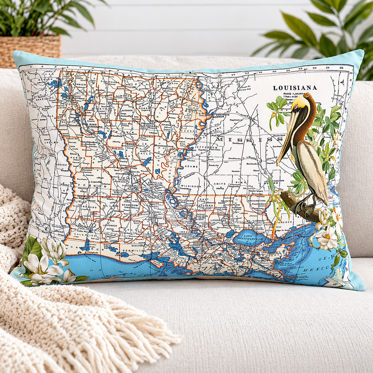 Vintage Louisiana Map Pillow